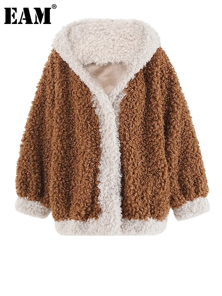 [EAM] Brown Color-block Big Size Warm Faux Fur Jacket New Hooded Long Sleeve Women Coat Fashion Tide Autumn Winter 2024 CPG2456