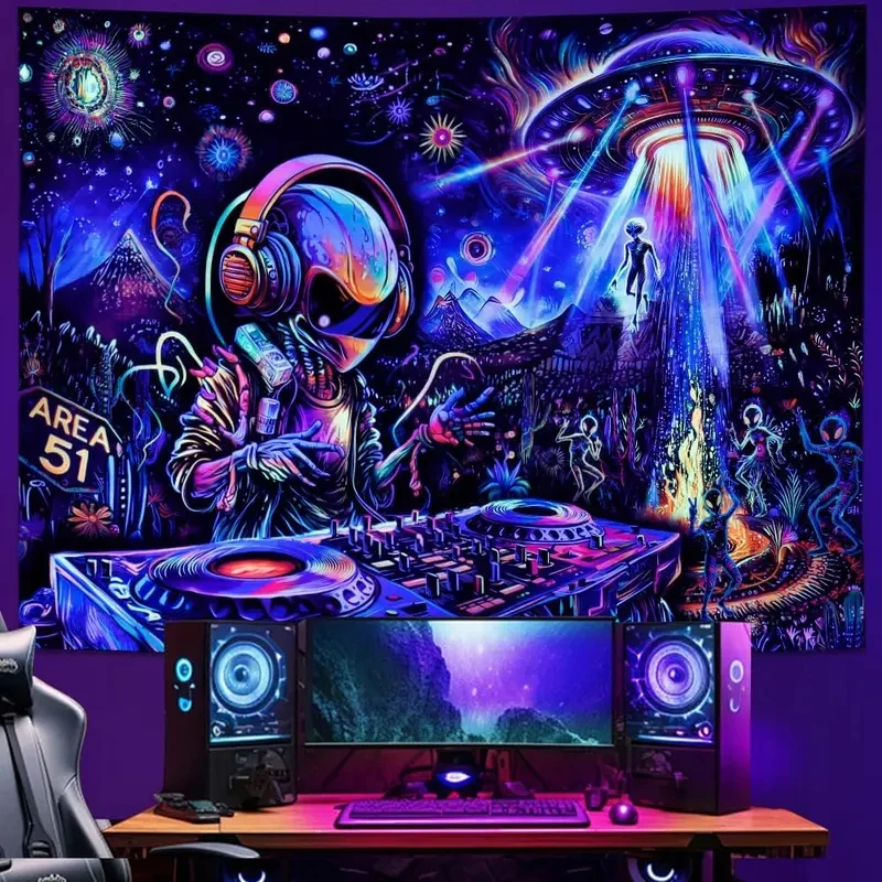 VIKAMA Trippy Alien DJ Tapestry Psychedelic UFO Area 51 Wall Hanging Polyester Neon Gaming Room Decor
