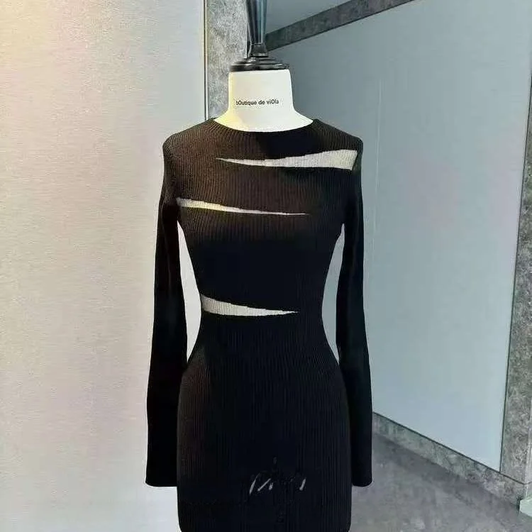 Elegant Long Sleeve Knitted Glass Saree Dress Women's Bodycon Short Skirt Black Color Breathable Casual Style Polyester Fabric