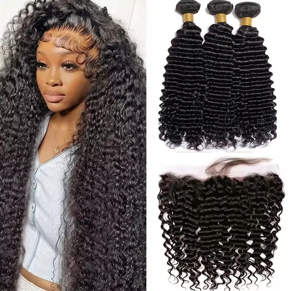 Deep Wave Bundles With 13X4 Frontal 32 Inch Human Hair Bundles Natural Burmese Curly Human Hair Weaving For Extensions 1B Bundle