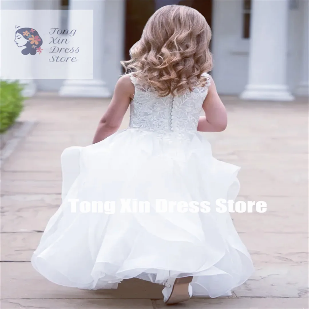 Sukienki dla dziewczynek sypiących kwiatki z białego tiulu, warstwowe, z aplikacjami, bez rękawów, na wesele, urodziny, pierwszą komunię.