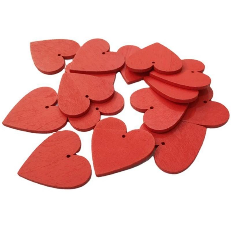 100Pcs Red Heart Wood Slices,Wooden Heart Hanging Embellishment For Valentine's Day, Wedding, Holiday Party Decor