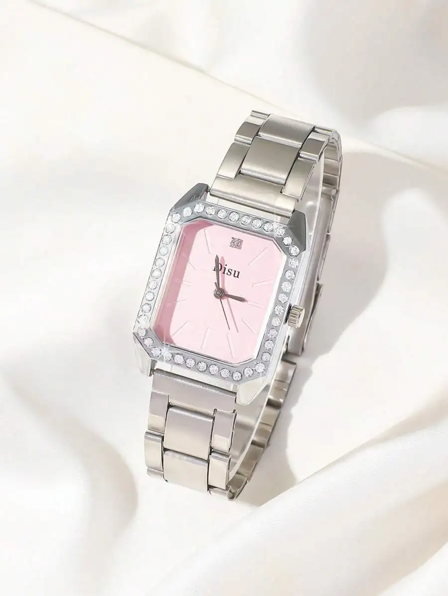 Disu Classic Simple Pink Business Women's Stainless Steel Quartz Watch With Rhinestone Strap As A Gift For Students Returning
