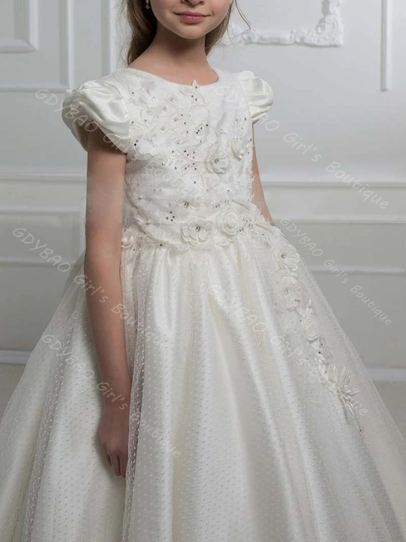

Elegant Polka Dot Mini Bridal Wedding Dress for Flower Girls Beaded Applique Tulle First Communion Dress Custom Kids Party Gown