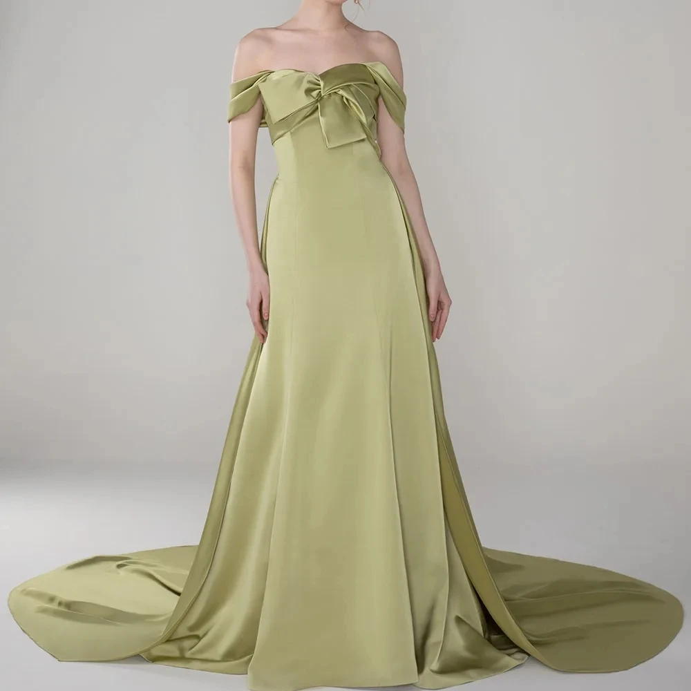 

OTHRAY A-Line Satin Elegant Evening Dress Off-Shoulder Cap Sleeves Pleated Bowknot Court Train Evening Party Dresses