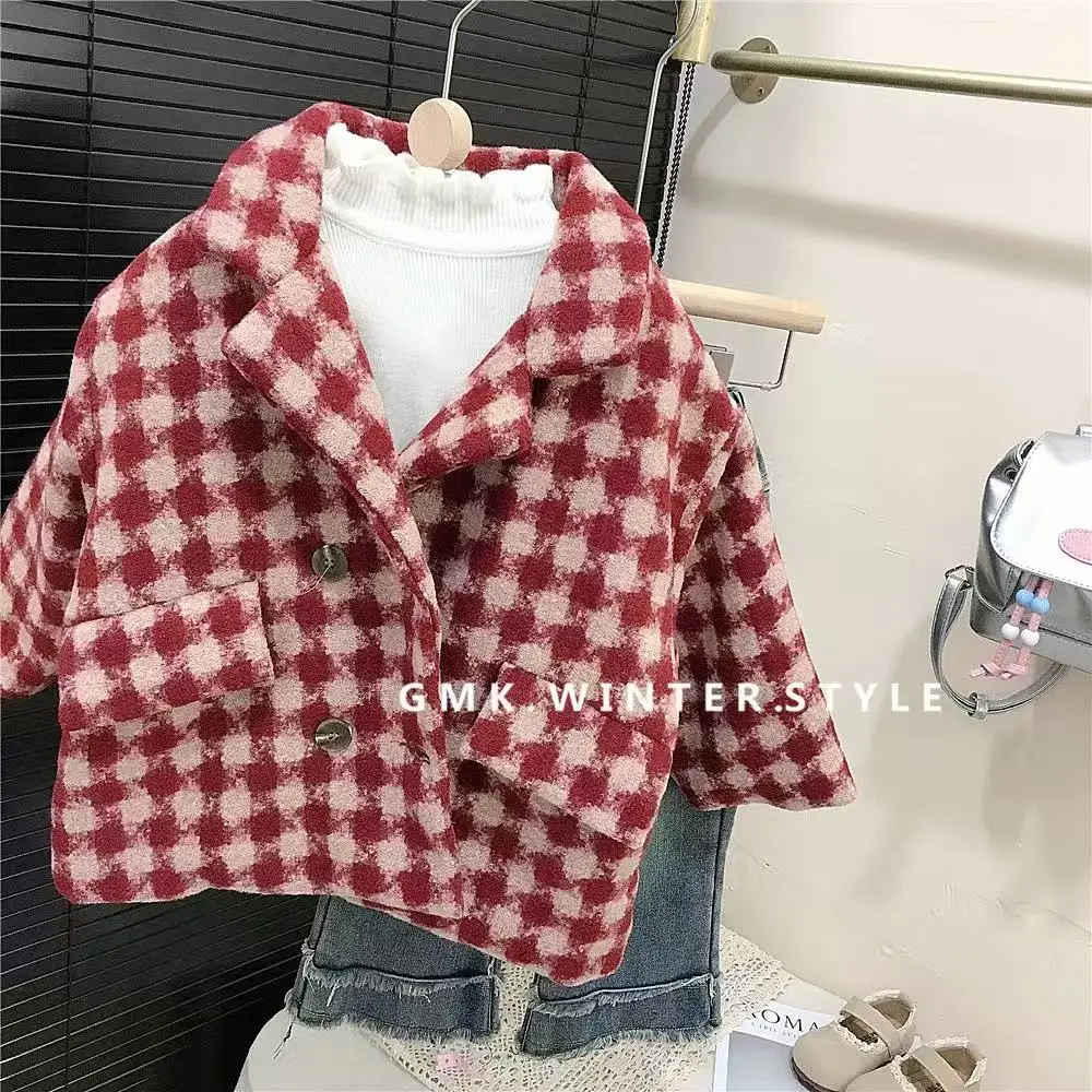 

Autumn and Winter 2026 New Girls Super Foreign Temperament Tweed Plaid Medium-length Jacket Princess Tweed Coat Children 2-7Y