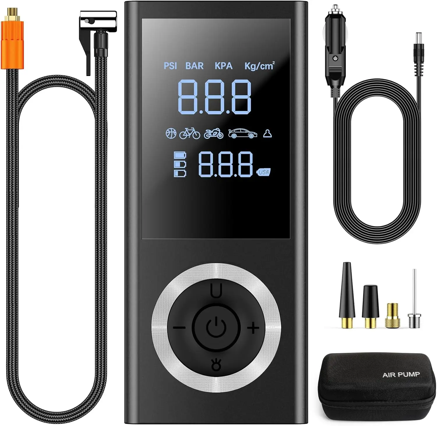 

Портативный беспроводной воздушный компрессор с цифровым манометром, светодиодной подсветкой, адаптером 12 В и ящиком для хранения автомобильных шин