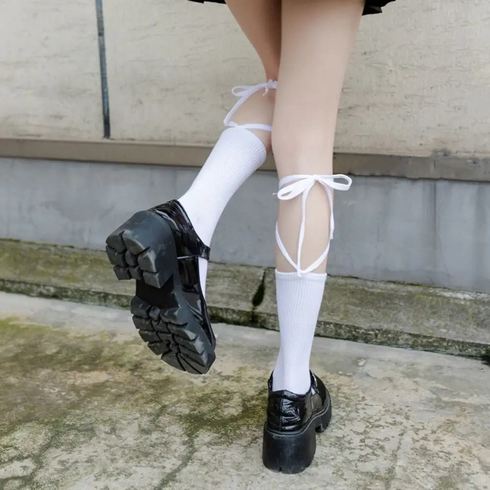 2 Pairs JK Lace-up Lolita Cotton Socks Long Rope All Match Solid Color Thin Sock Women Hosiery Y2K Mid-Calf Tube Sock