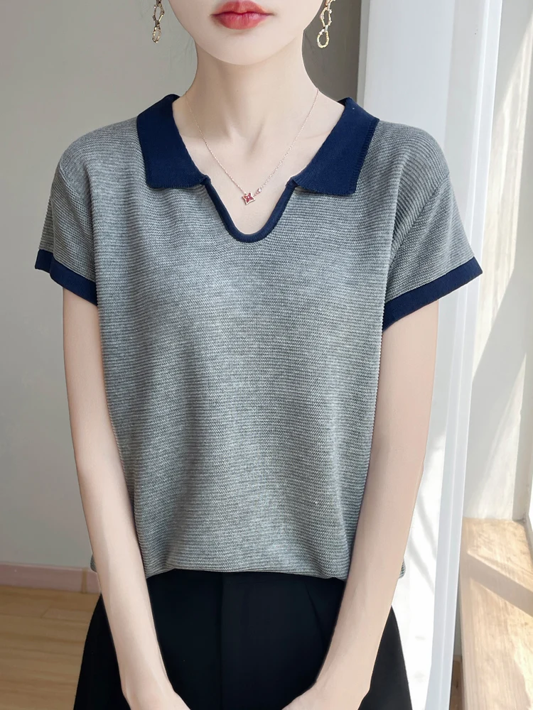 Estate 2025 T-shirt da donna in maglia ort Sve vestibilità ampia sottile traspirante V-Ne Color Blo Casual versatile top dimagrante