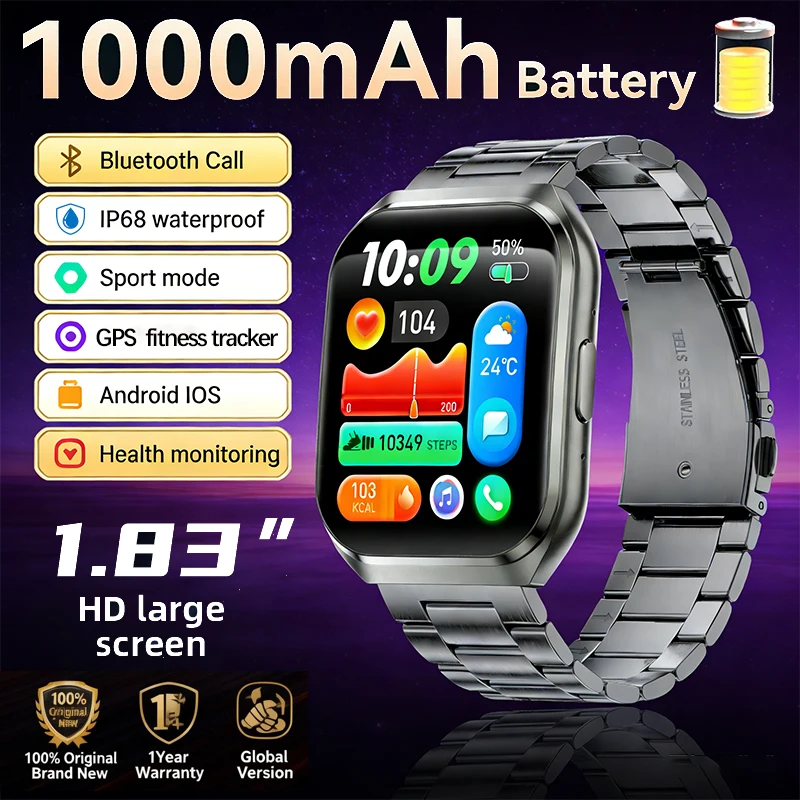 

LIGE New Military Grade 1000mAh Battery Smart Watch IP68 Waterproof Bluetooth Call 1.83" HD Men Sports Health Monitor Smartwatch