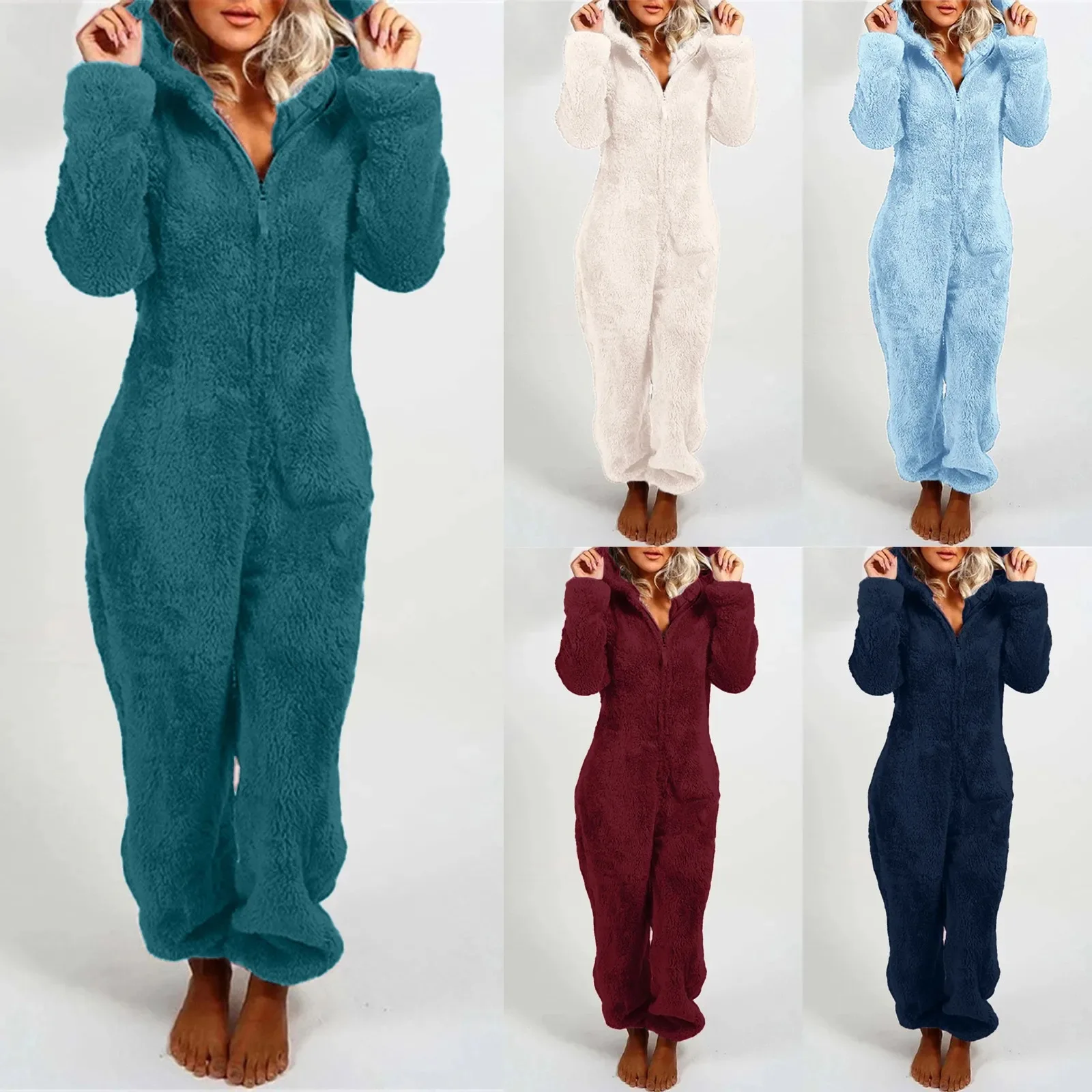 Women's Winter Warm Pyjamas Girls Onesies Fluffy Fleece Jumpsuits Nightwear Overall Hooded Sets Pajamas for Female Big Size