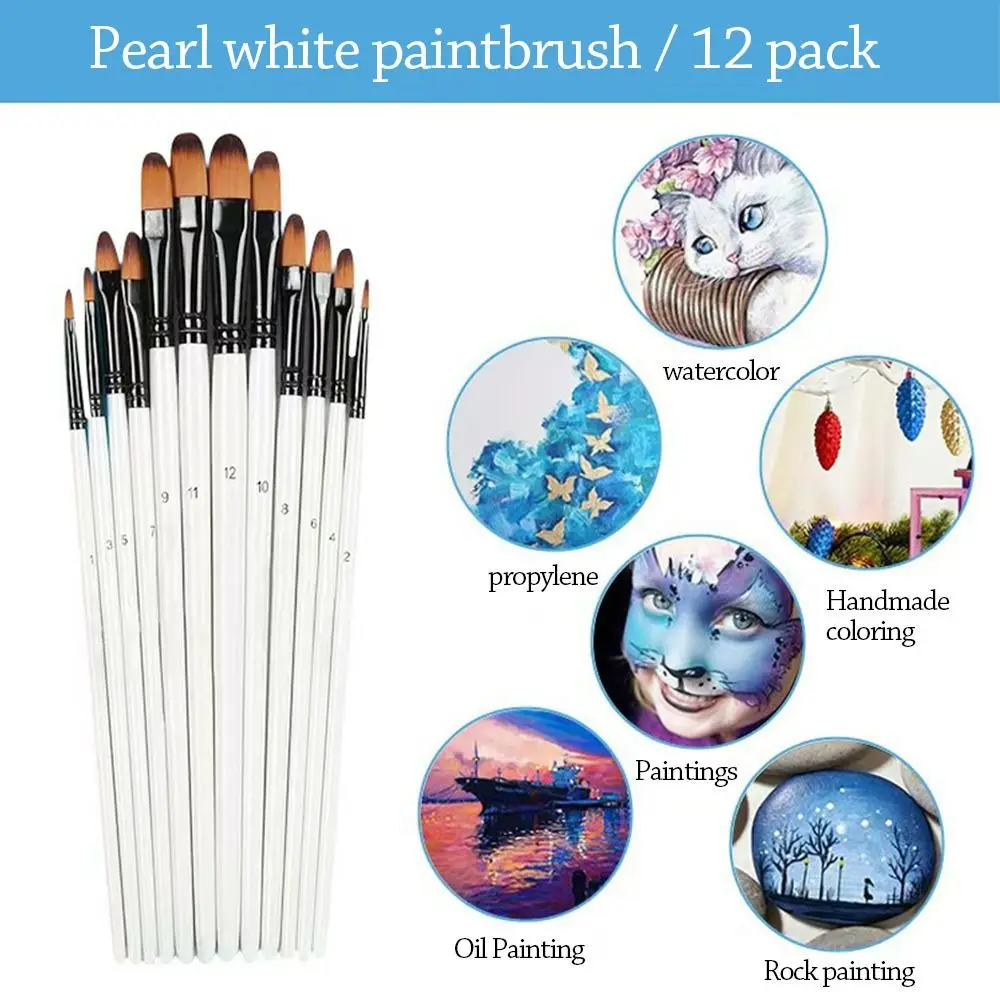 12 ชิ้นไนลอนสีน้ําชุดแปรงชี้รอบแบนหัวผมนุ่มจิตรกรรมแปรงเริ่มต้นศิลปะศิลปินแบนแปรงของขวัญ