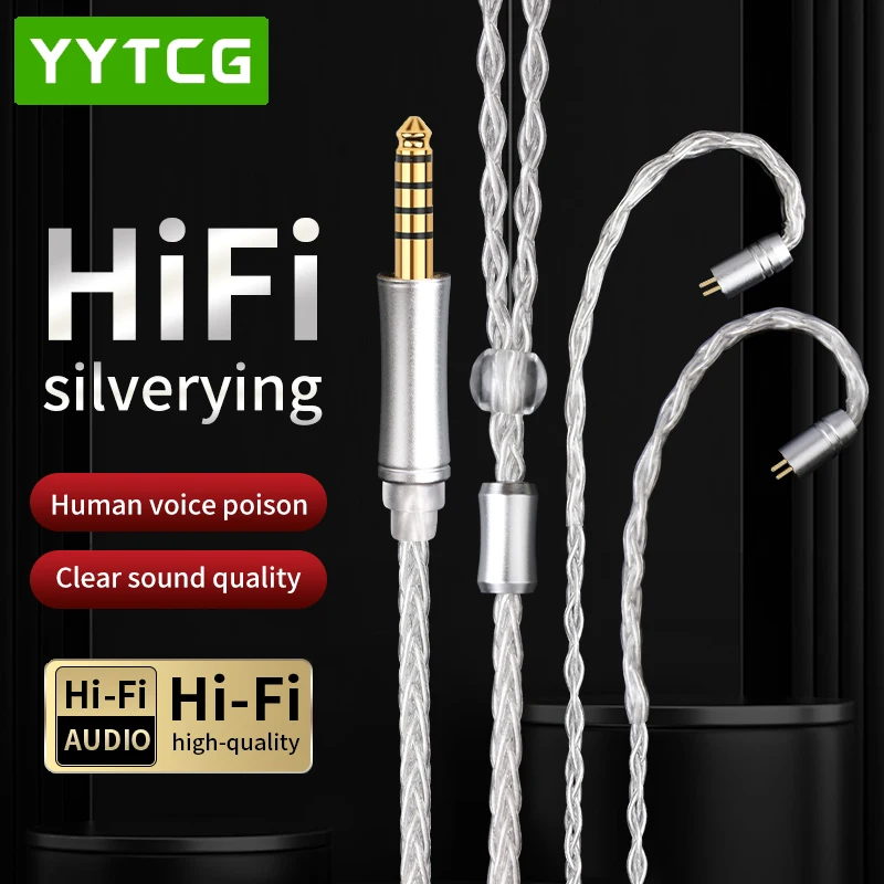 YYTCG HiFi 8-Stands OFC Silvery Plating IEM Earphone Cable 2.5/3.5/4.4mm to mmcx/0.78 2Pin Balanced Upgrade Earphone Cable 1.2m