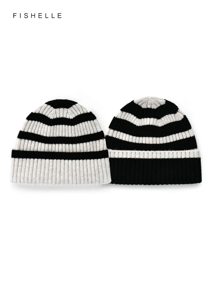 Fashion Black and White Stripes 100% Pure Wool Hat Short Men Caps Winter Women Beanies Warm Knitted Hat