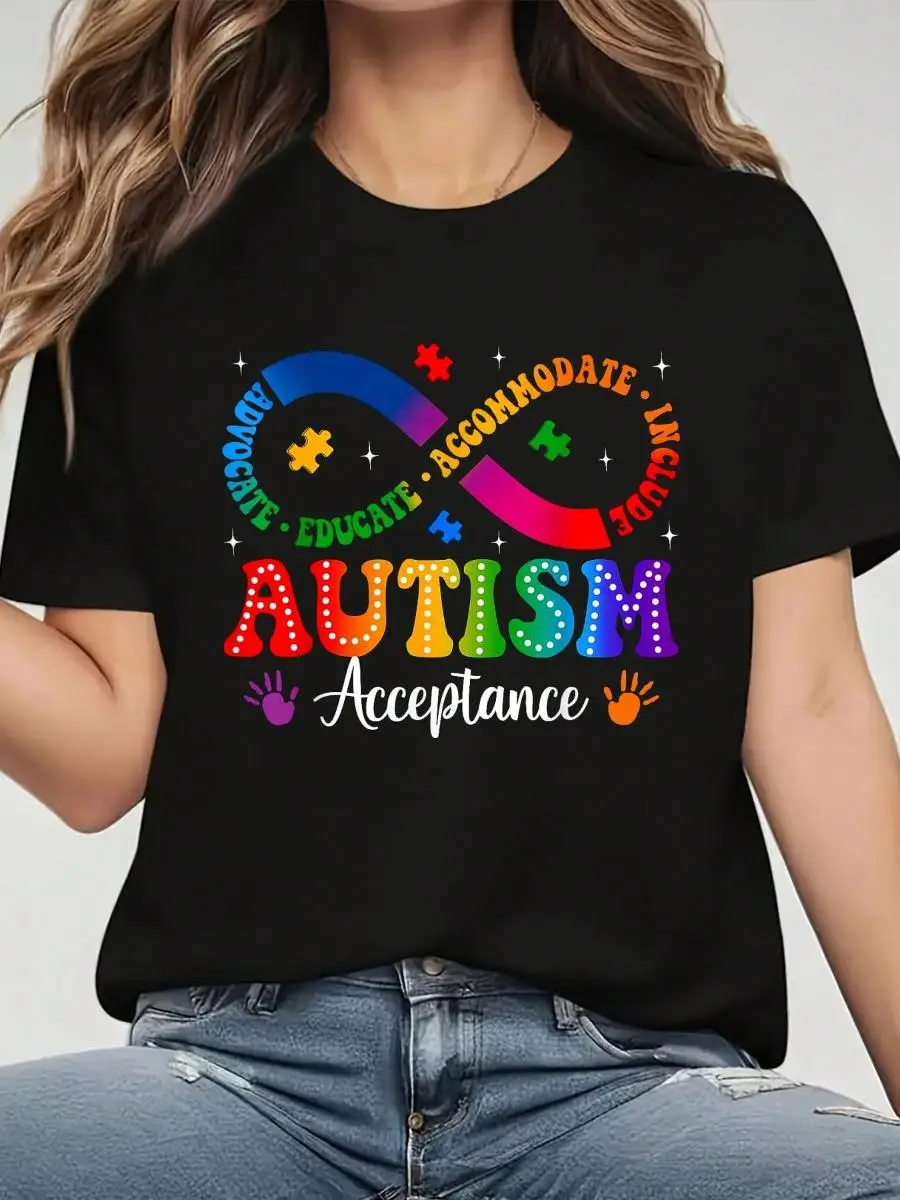Autism Awareness Acceptance Shirt Infinity Symbol Men Women T-Shirt Graphic Tee Women s Casual Graphic Print Short Sleeve Crew Neck 100%Cotton T-