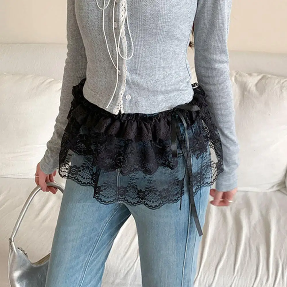 الدانتيل غير النظامية تنورة الستار الزهور البيضاء الدانتيل شبكة نصف الجسم تنورة المرأة الصيف قيعان الجينز ضرطة الستار الحلو Harajuku ديكور