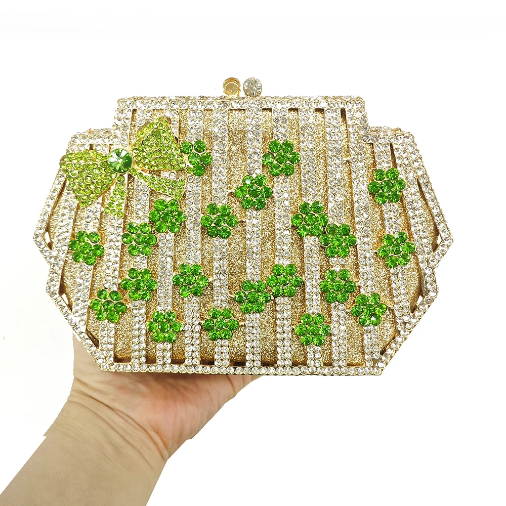 

White Clear Rhinestone Green Flower Wedding Bag Evening Clutches Rhinestone Purses Women Crystal Handbags Diamond Party Banquet