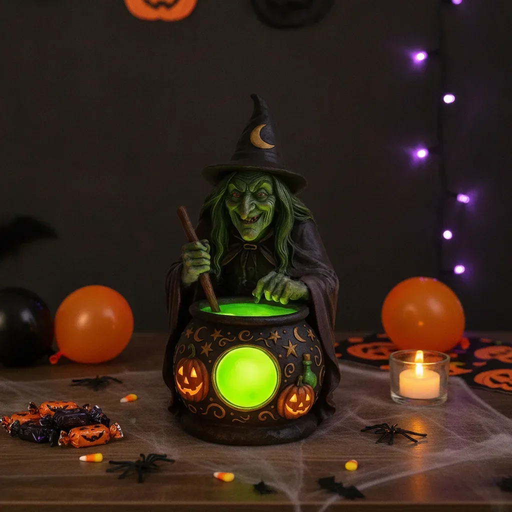 Vivid Sculpting Witch Cauldron Lamp Eerie Green Glow Pumpkin Pattern Base Halloween Night Lantern Compact Size Stable Bottom