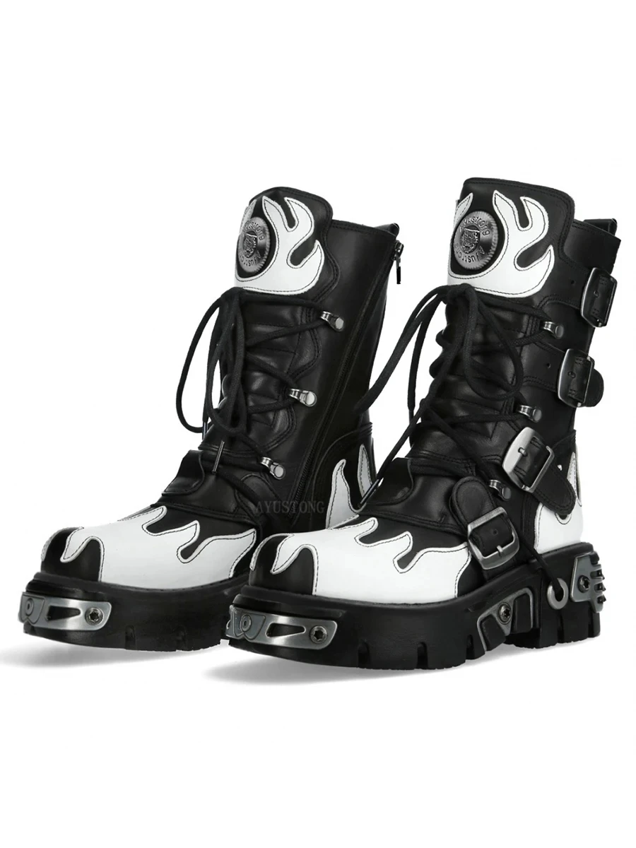 New Men's Flame Metallic Goth Skull Punk Motorcycle Boots Platform Mid-Calf Boots Rock Round Toe Zip Women Western Biker Fashion