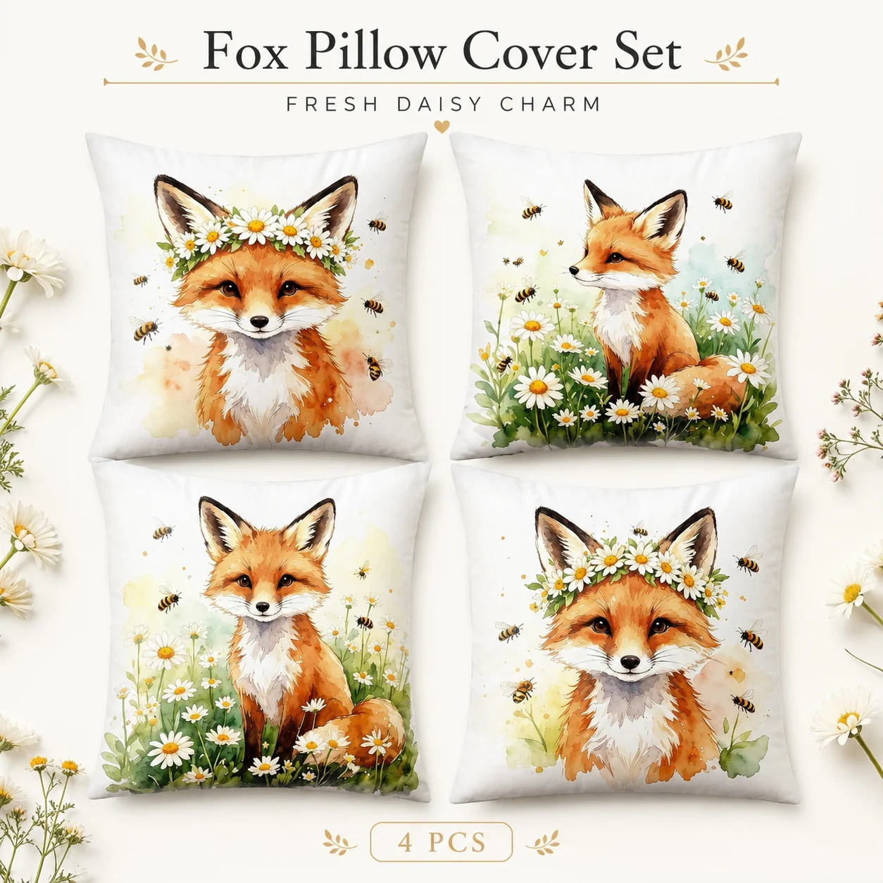 

4 Pcs Kawaii Fox Cushion Covers 2D Flat Printed Peach Skin Coussin Room Decor Daisy Animal Pillowcase Set For Kids Room Sofa