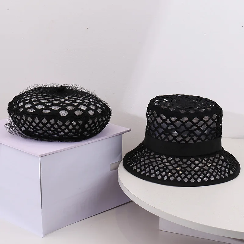 New fashionable solid-color mesh hollowed-out design beret women's outdoor casual breathable fisherman hat