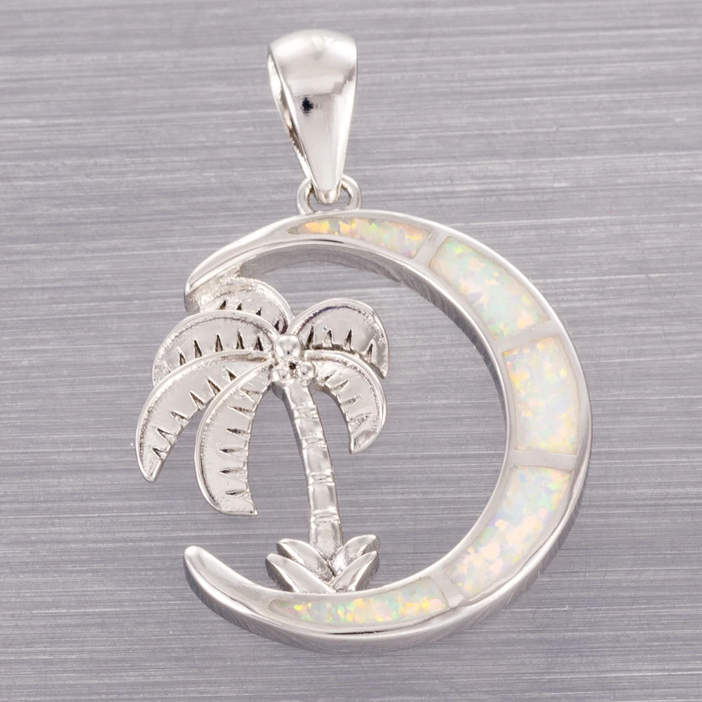 KONGMOON Palm Tree Crescent White Fire Opal Jewelry for Women Pendant for Necklace