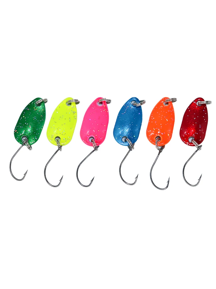 Jerry 6pcs 2g Pesca Micro Mini Trout Fishing Spoon Lures Kit Ultralight River UV Colors Metal Spinner Perch Bait Glitters