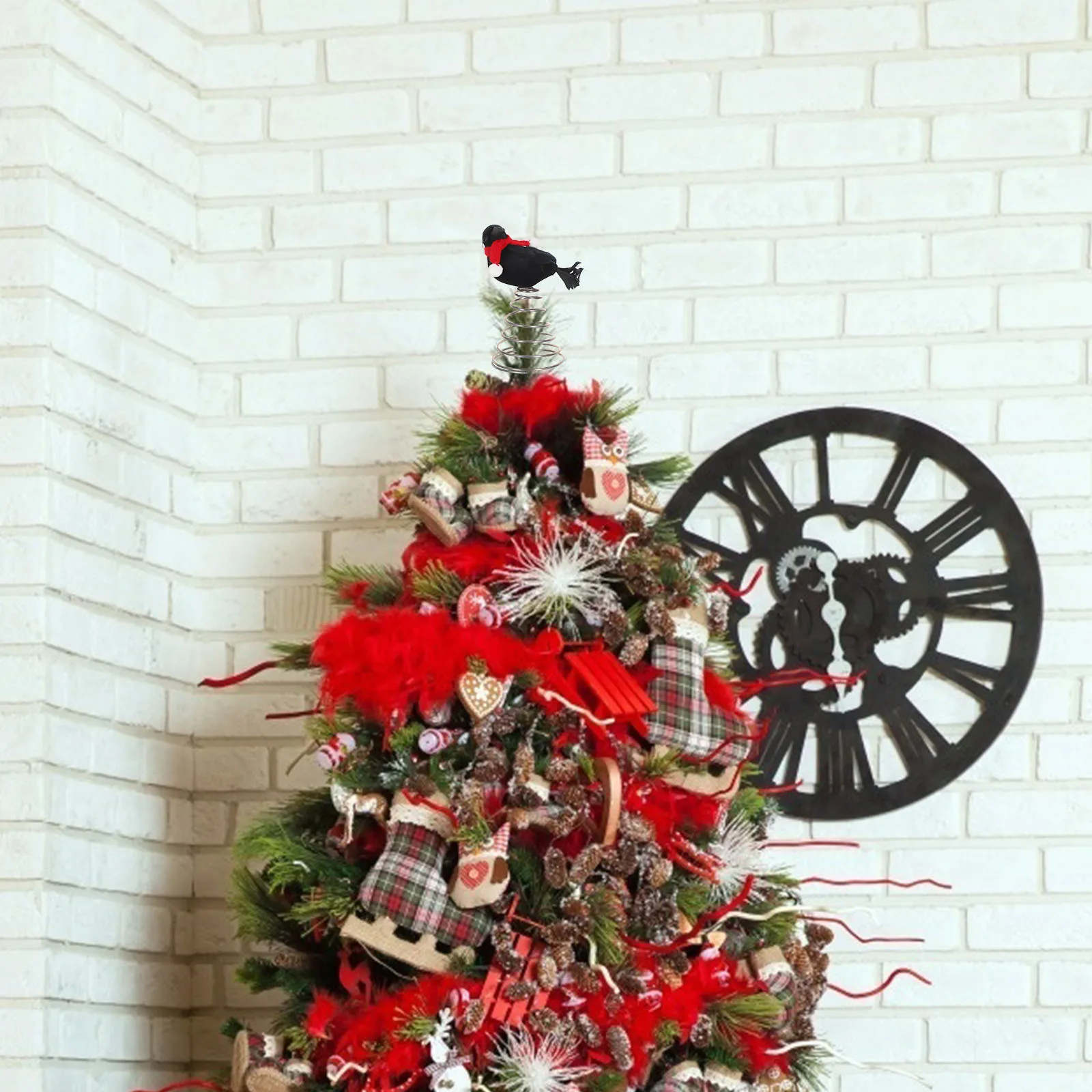 

Red Scarf Crow Tree Topper Metal Bird Christmas Decoration for Small Trees Tabletop Holiday Display Unique Festive Home Office