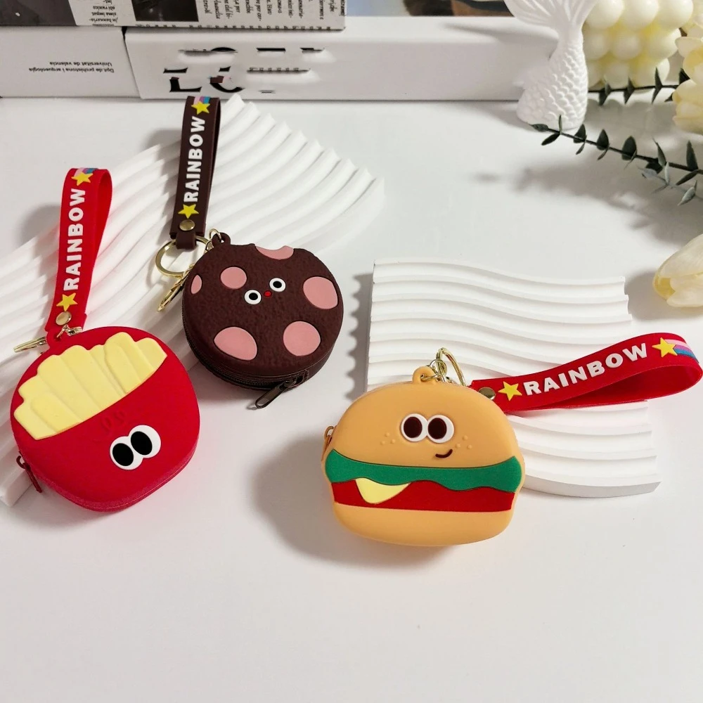 Foodie Food Silicone Coin Purse Creative Hamburger Cartoon Keychain Bag Chocolate Pie French Fries Earphone Bag Couple