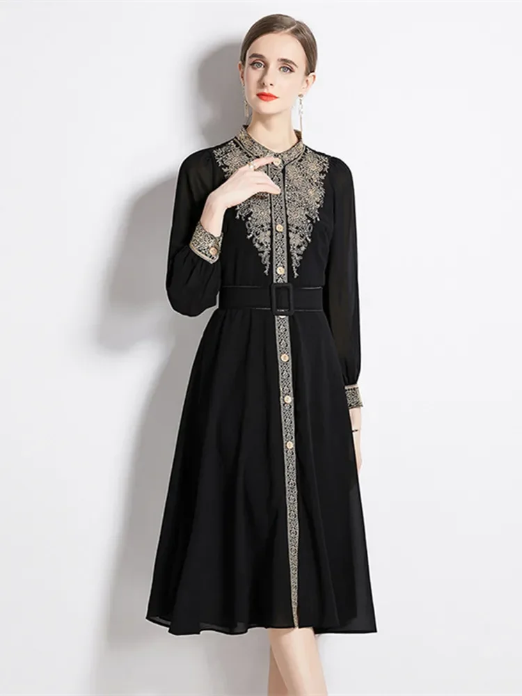 New Black Women Flower Embroidery Dress Long Lantern Sleeve Stand Collar Chiffon Smock Vintage High Waist Belted Midi Vestido