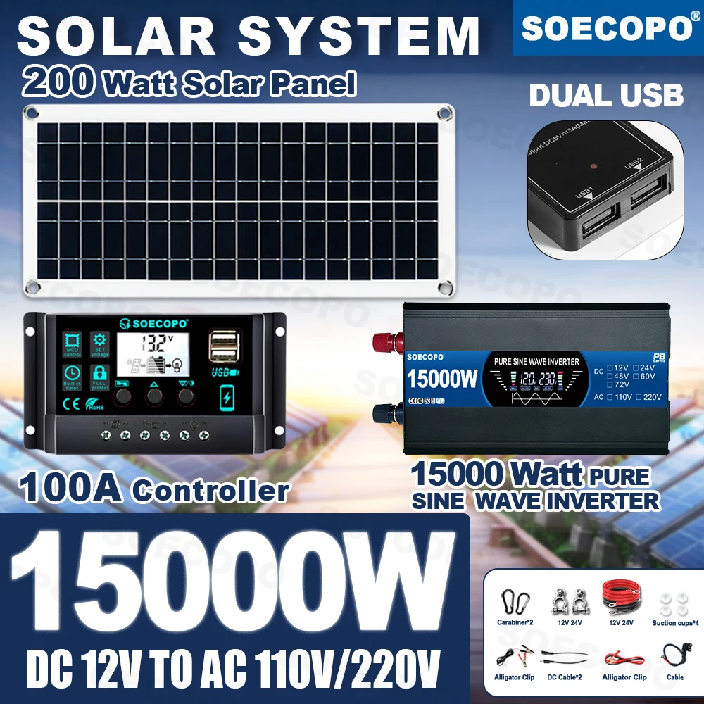 

15000W Portable Solar Balcony Kit Pure Sine Wave Inverter (12V To 110V220V) 200W Panel 100A Controller for Home Camping System