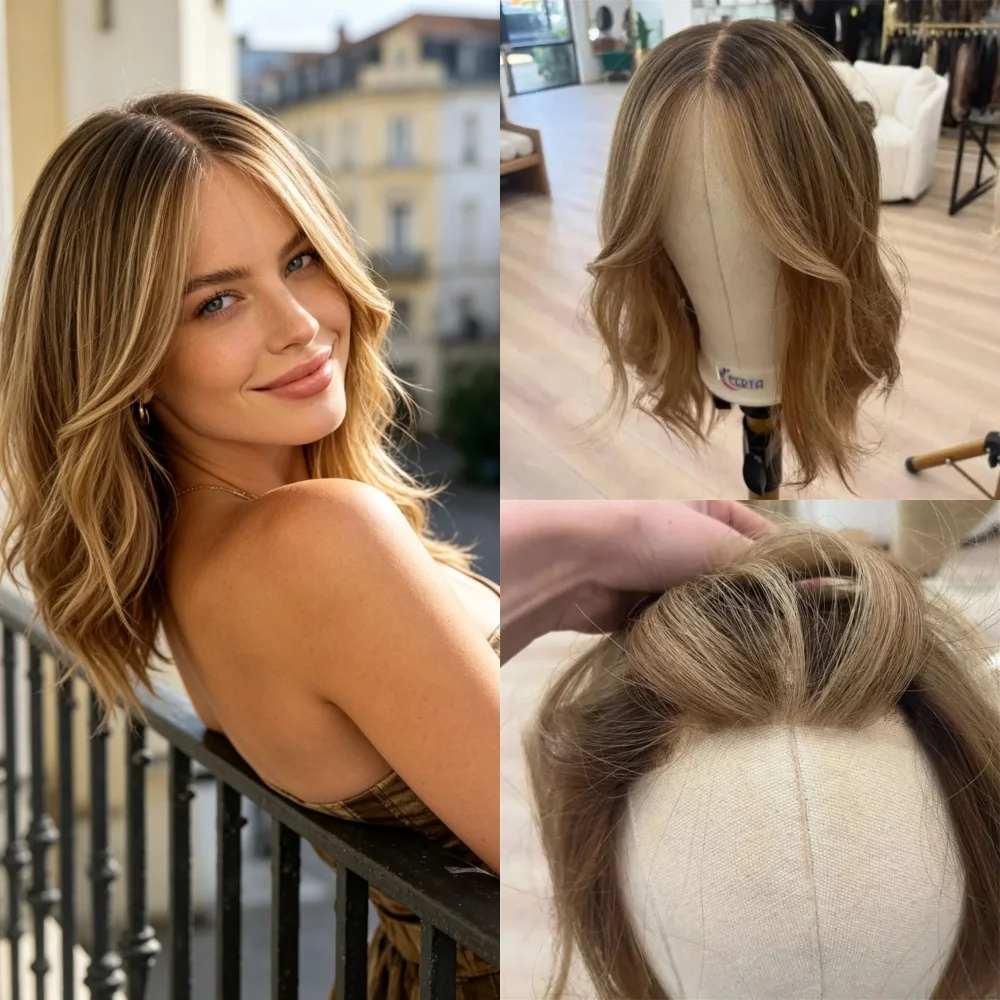 

Free Part Shoulder Length Glueless Wig Short Wave Bob Ombre Brown Blonde Synthetic Lace Front Wig Ready to Wear Party Daily Wig