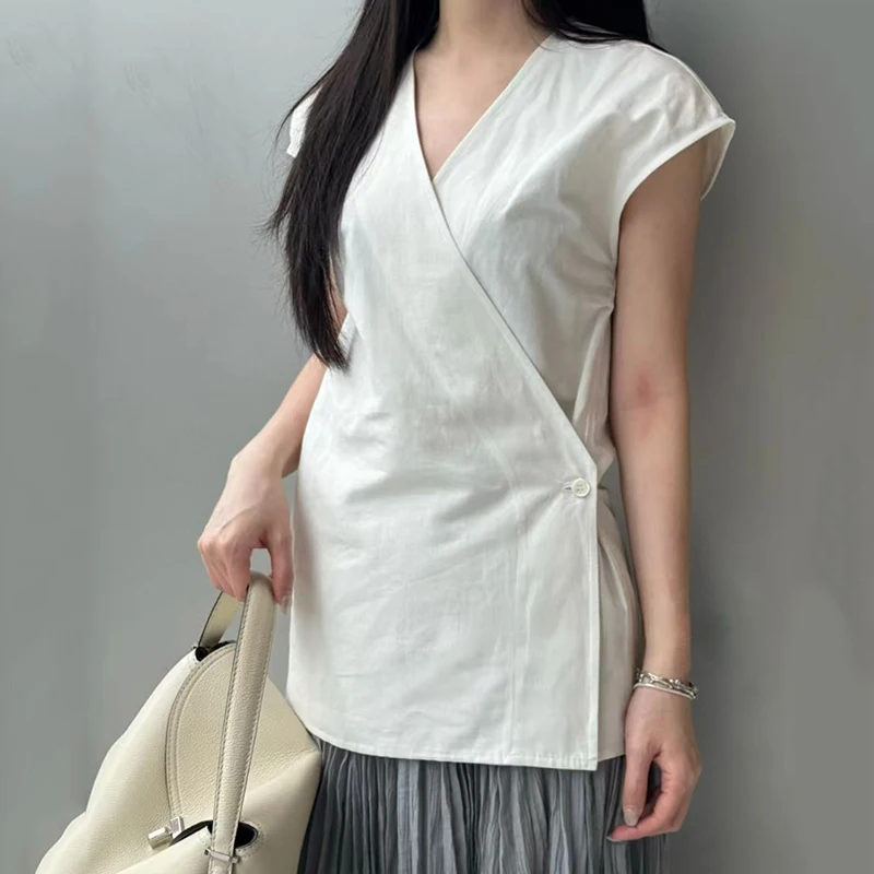 

Women's V-Neck Wrap Blouse, Fashion Casual Elegant Waist Tops, High Quality Cotton Linen Vest, Summer, New, 2025, y2k
