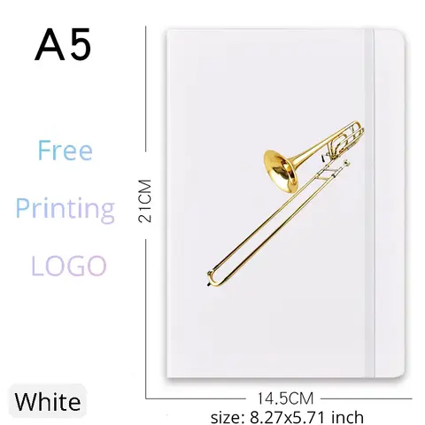 1Pc Personalized Trombone A5 Musical Notebook, Custom Text Logo Design White Journal with Elastic Band Gift for Trombone Players