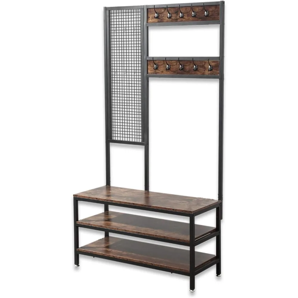 

Industrial Coat Stand Shoe Rack Bench + Grid Wall 3-in-1 Entryway Hall Tree 3-Tier Storage Shelves with 12 Hook