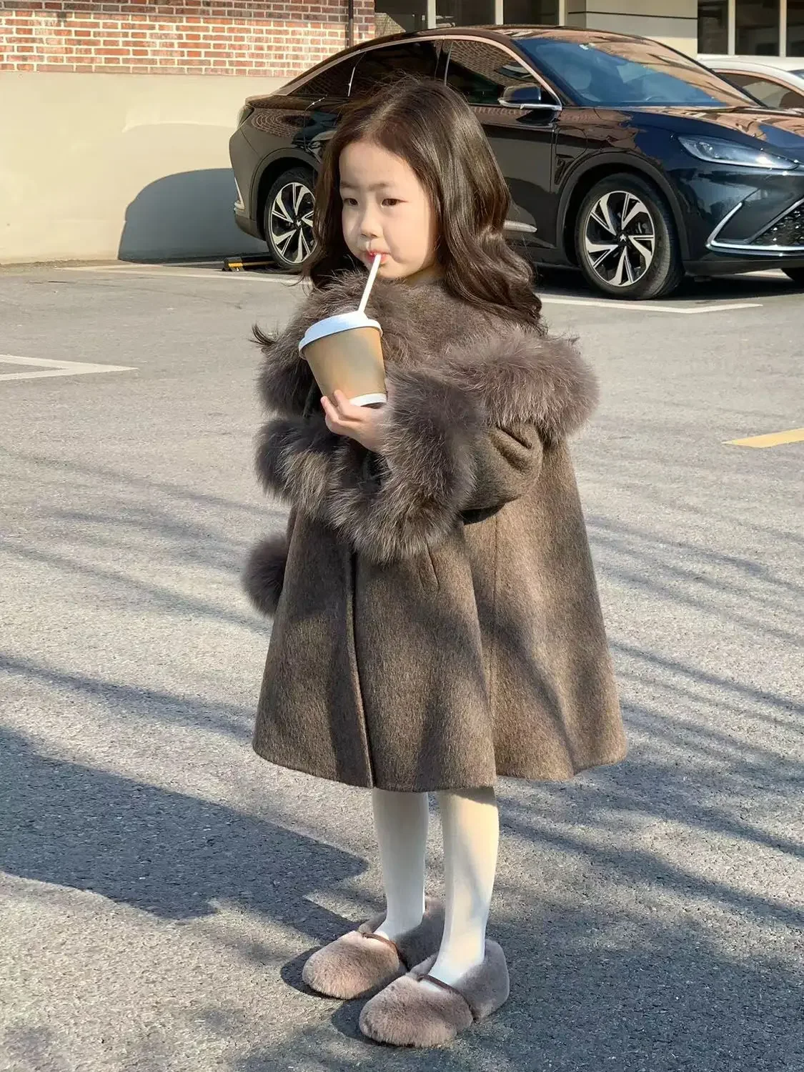 

Girl Top 2023 New Autumn Winter Korean Fashion Style Furry Sleeves Woolen Coat Baby Girl Solid Mid Length Coat Children Clothes