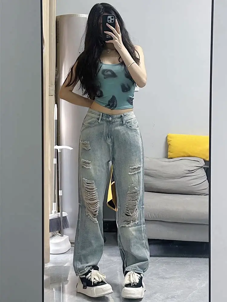 

High Waist Straight Leg Zipper Jeans Men's Vintage Waed Ripped High Street King Brand Spring Autumn Loose Slimming Denim