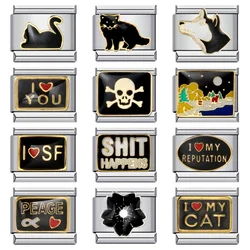 2024 Women's Fashion Black Heart Cat Moon Italian Charm Links Fit 9mm Stainless Steel Bracelet Making Jewelry