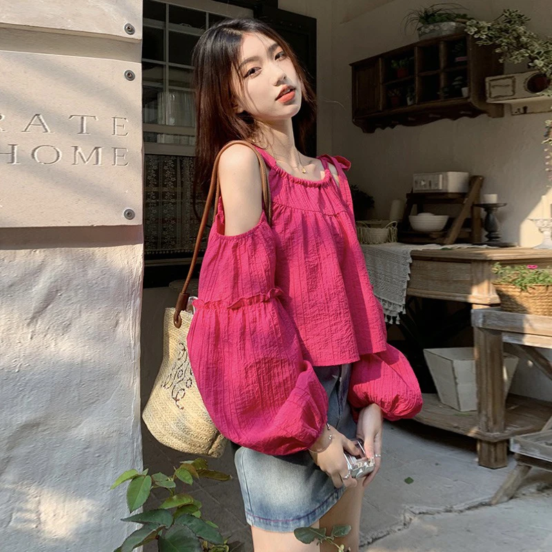 

Korean Style Casual Puff Sleeve Shirt for Ladies Women's O-Neck Off Shoulder Solid Color Short Blouse Office Lady Wear