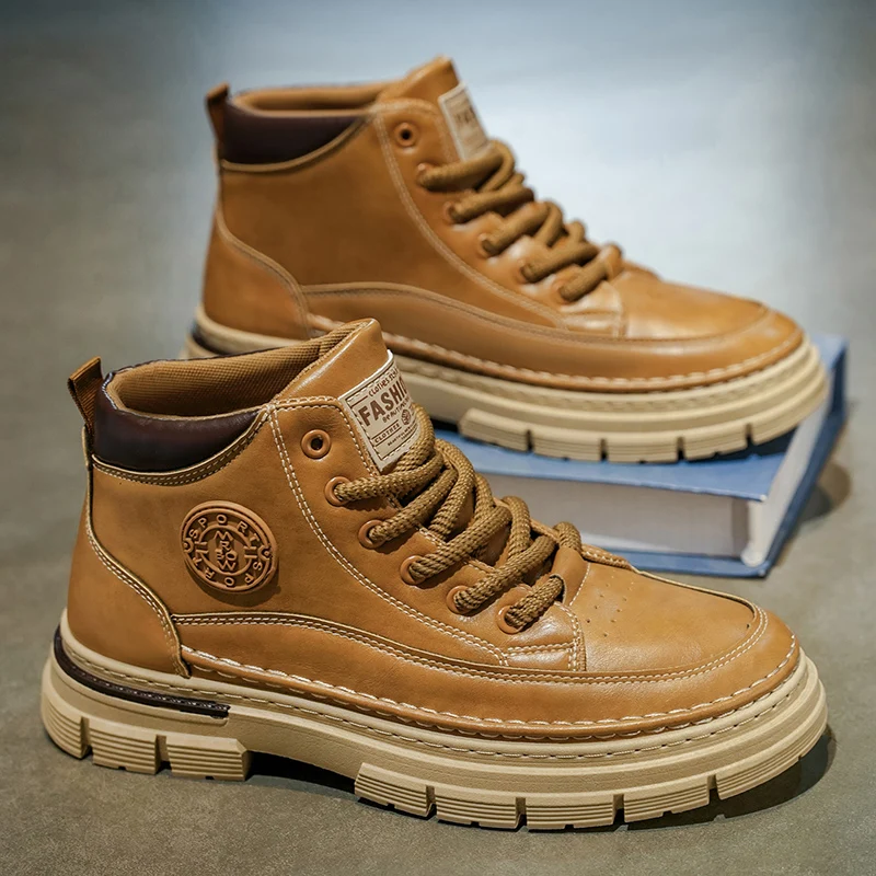 

Мужские высокие кожаные рабочие ботинки желтого цвета на толстой подошве, повседневные, новые, дизайнерские, модные, для активного отдыха, походов, осенне-зимние, обувь для мужчин