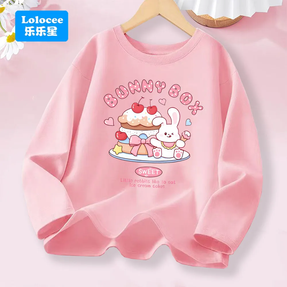 Детская футболка с длинными рукавами Kawaii Rabbit & Dessert Cake, милый принт кролика, повседневный повседневный топ для девочек, мягкая хлопковая детская одежда