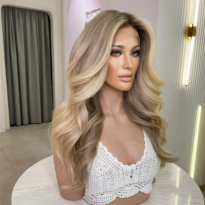Long Blonde Brown Ombre Wig Long Loose Wavy Synthetic Lace Front Wig Middle Part 13X4 Natural Wigs for Women Glueless Top Grade