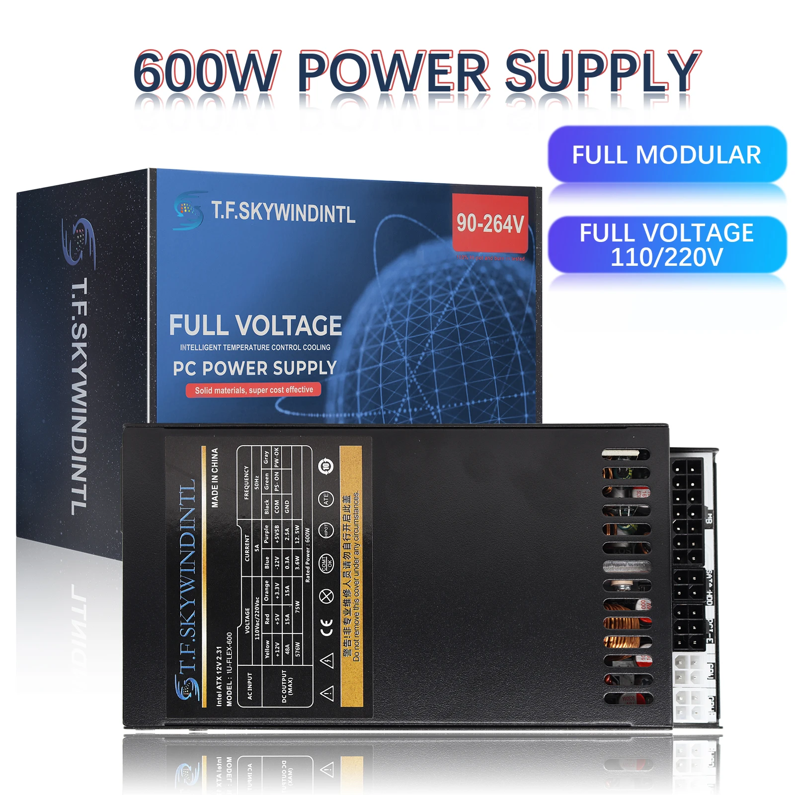 600W Flex ATX Power Supply Fully Modular Support Dual CPU, 6+2 Pin X2