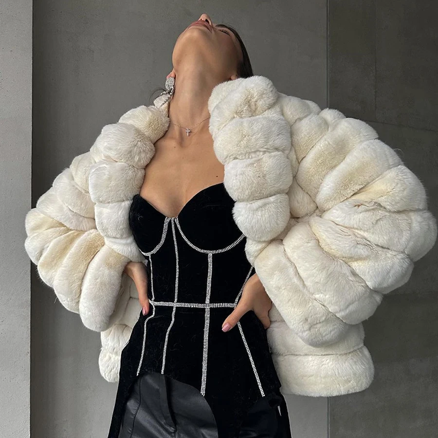 Chinchilla Fur Coats With Lapel Real Rex Rabbit Fur Coat Women Luxury Whiter Female Short Fur Jackets