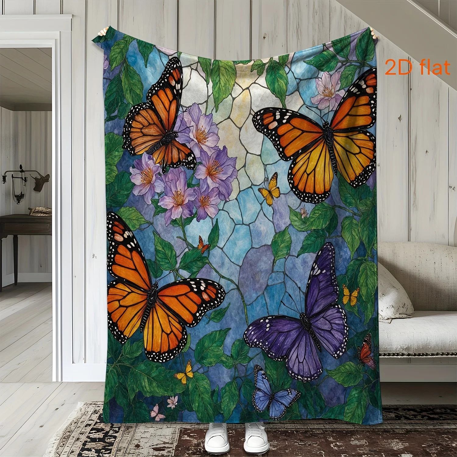 Stained Glass Style Monarch Purple Butterfly Purple Flower Green Leaf Print Flannel Blanket Soft for Home Bedroom Sofa Art Warm