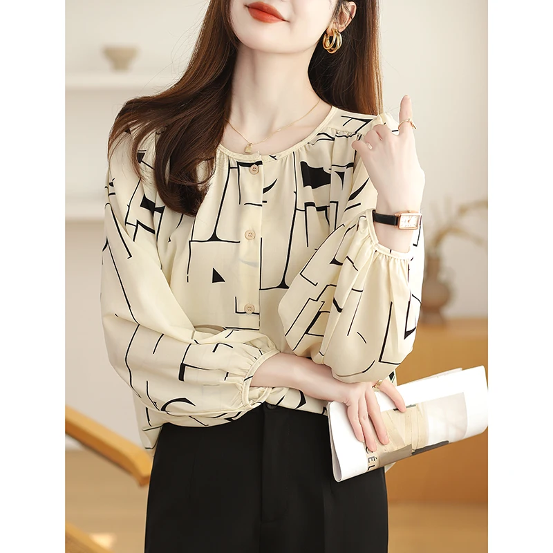 Women Spring Simplicity Loose Temperament Printing Chiffon O-neck Long Sleeve Shirts Women Clothes Casual All-match Trend Tops