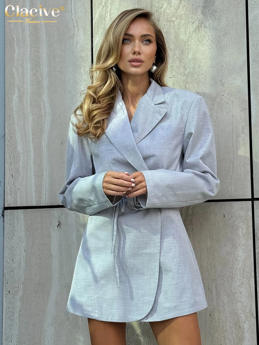 Clacive Fashion Loose Gray Women\'s Dress 2025 Elegant Lapel Long Sleeve Office Mini Dresses Casual Classic Lace-Up Female Dress