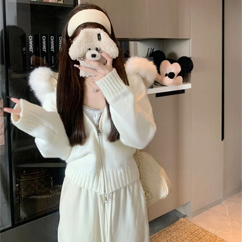 plus Size Lazy Long Sve Hooded Knitted Cardigan Coat with Fur Collar Autumn Winter Loose Zipper New Faion Women\'s Sweater