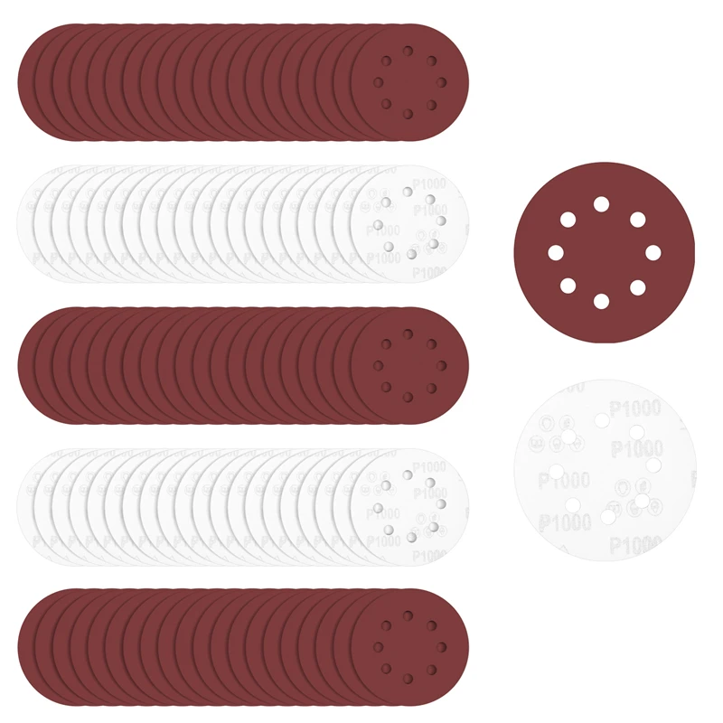 A63K-100 PCS 5 Inch 8 Holes Hook And Loop Sanding Disc Sandpaper, 20 Pcs Each Of 600 800 1000 1500 2000 Grits Sand Paper For Ran