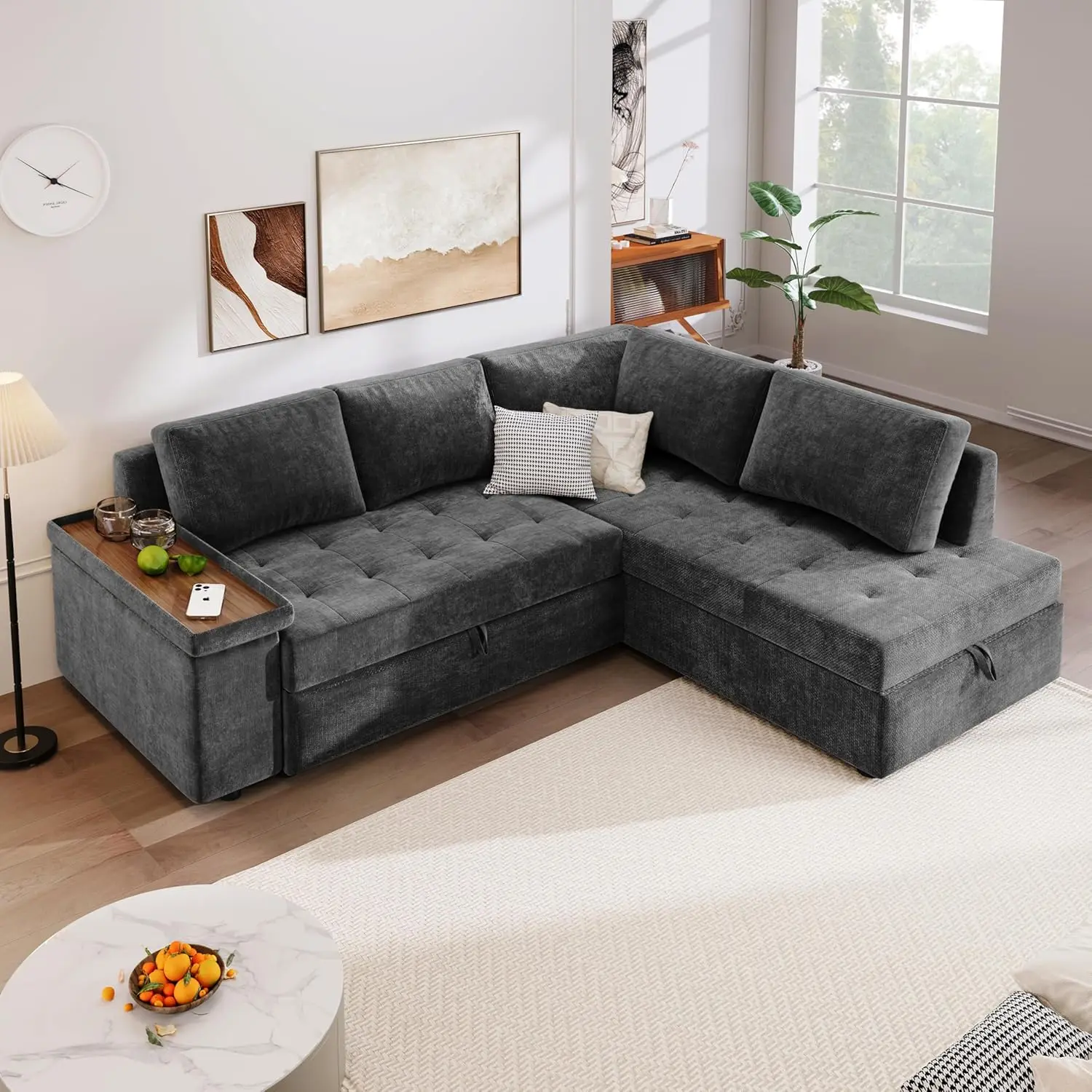 Modern L Shaped Sectional Sofa Corner Couch, Pull-Out Sofa Bed Sleeper With Storage Ottoman And Wide Storage Armrest, Polyester